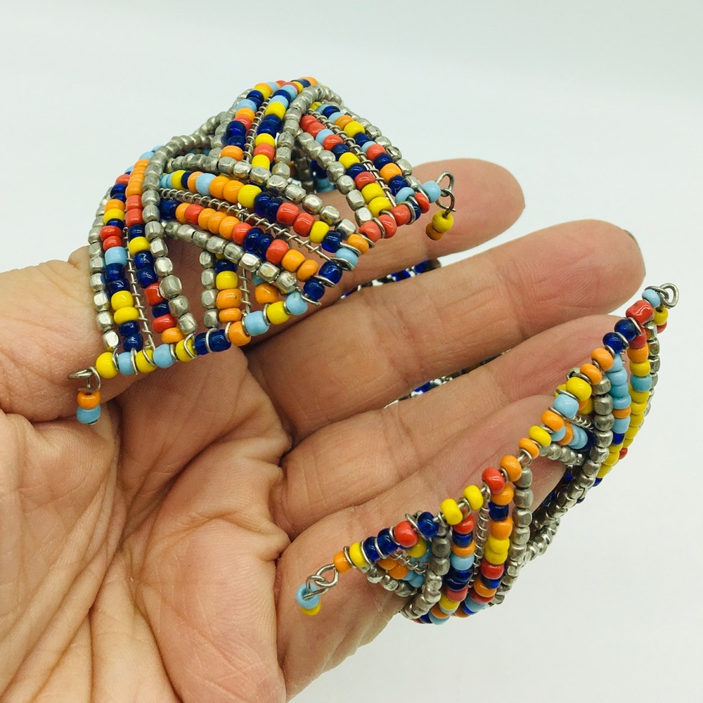 Seed Bead Stretch Wire Thick Cuff Statement Brace… - image 6